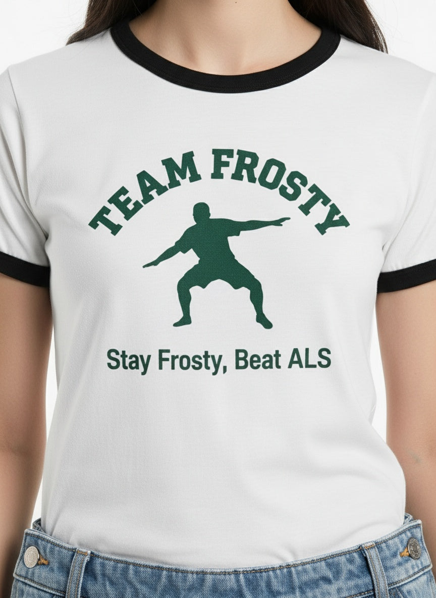 Detail shot of Vintage Ringer T-Shirt "Stay Frosty, Beat ALS"