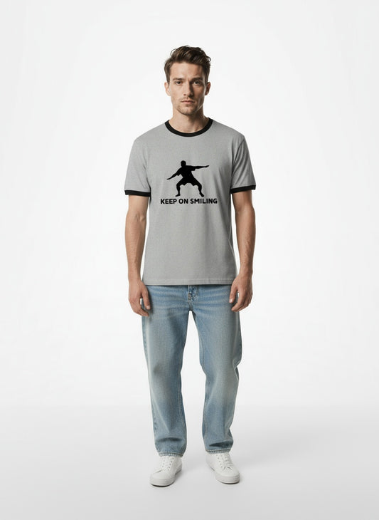Full body view of the model wearing "KEEP ON SMILING" Vintage Ringer T-Shirt
