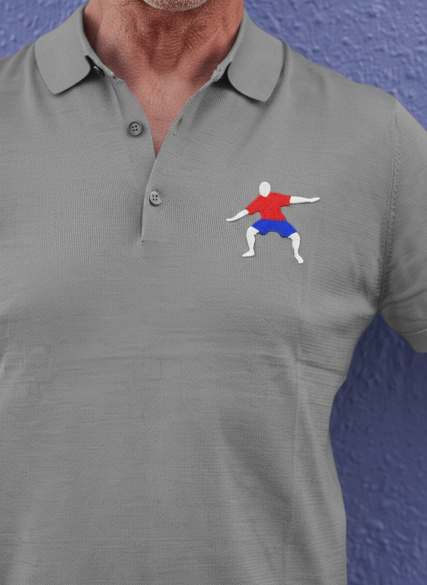 Detail shot of Adidas Performance Polo- Grey- white arms logo