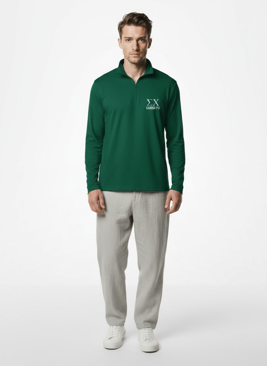 Full body view of the model wearing Sigma Chi GAMMA PSI Mens Quarter-Zip