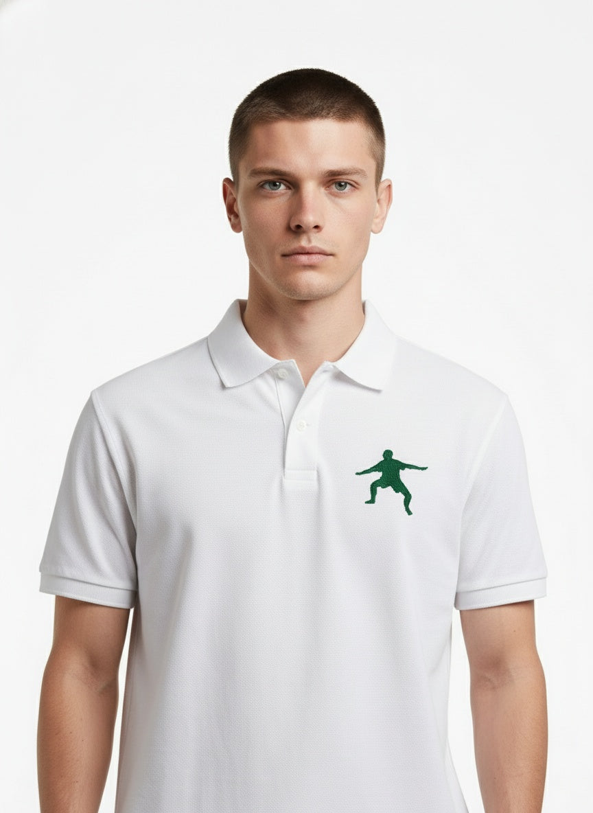 Close-up of the model wearing Adidas Performance Polo- white with green logo