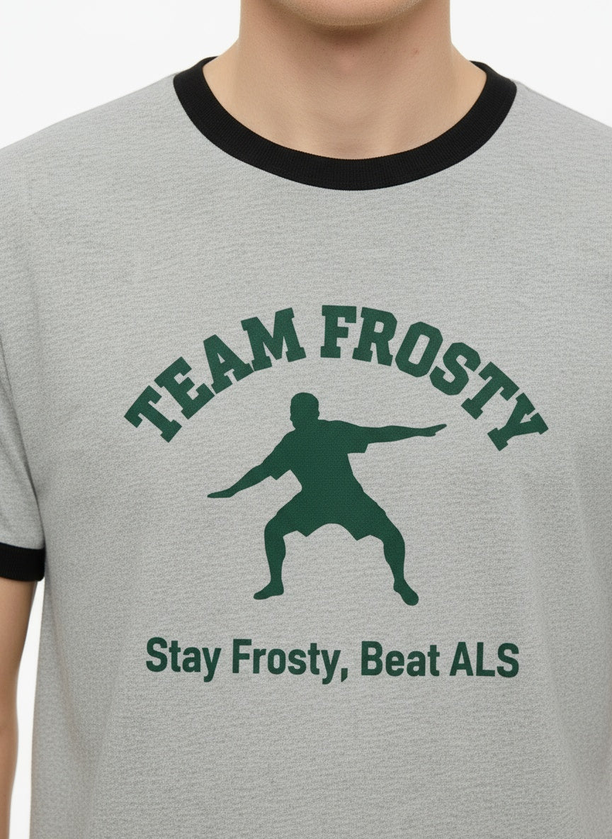 Detail shot of Vintage Ringer T-Shirt_ grey "Stay Frosty, Beat ALS"