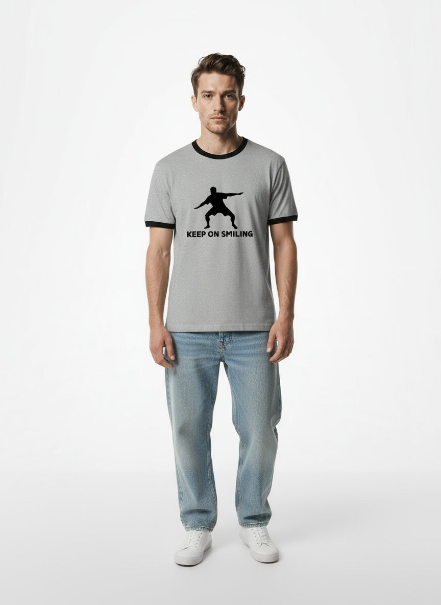 Full body view of the model wearing "KEEP ON SMILING" Vintage Ringer T-Shirt