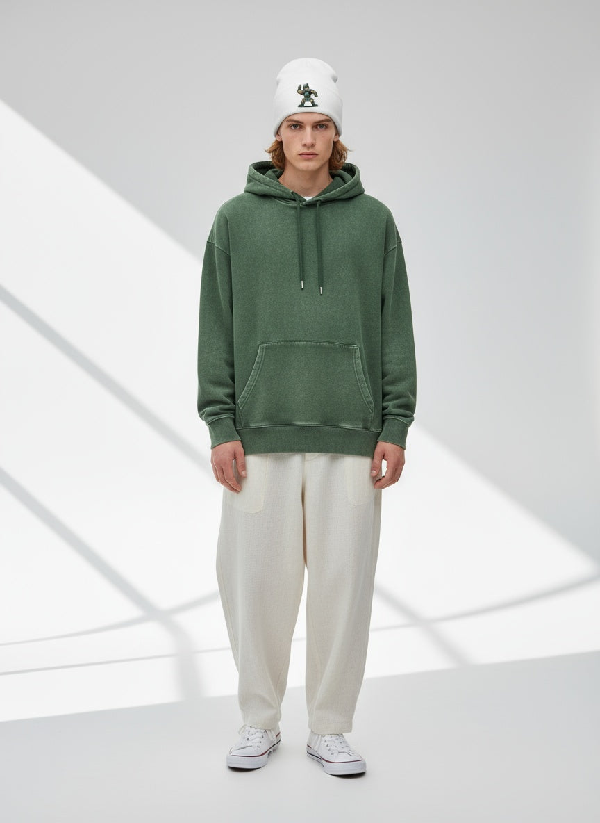 Full body view of the model wearing Sparty 7 skull cap