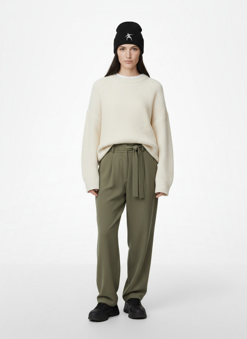 Full body view of the model wearing Team Frosty- USA-Made Cuffed Beanie