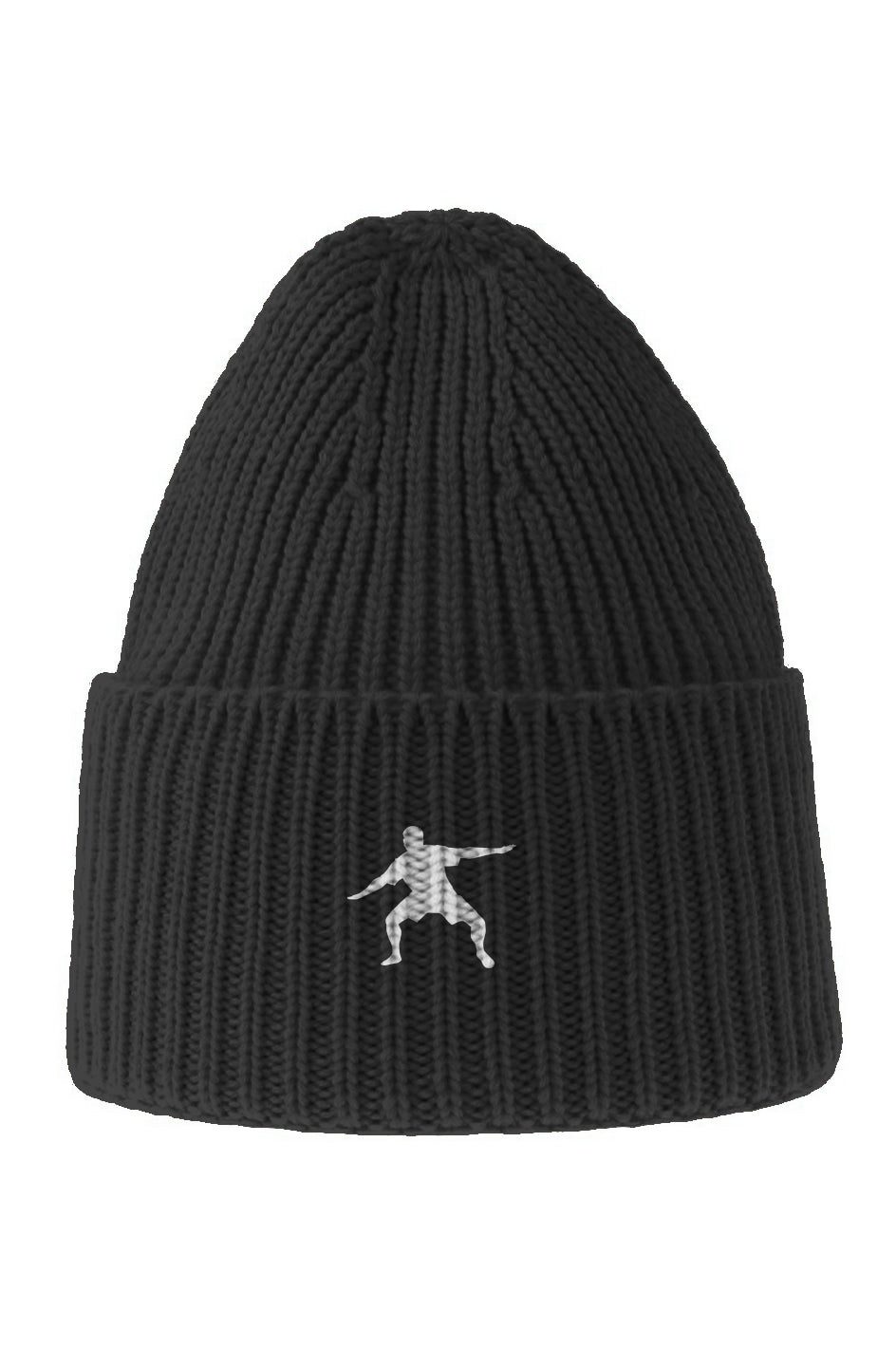 Sustainable Chunky Rib Knit Beanie- Black with white logo