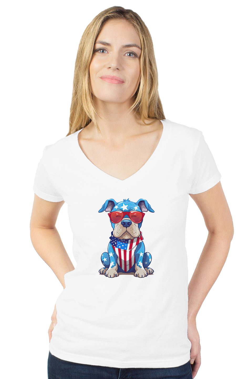 womens v neck- white with USA dog