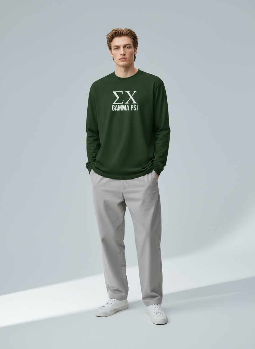 Model wearing the Sigma Chi GAMMA PSI Long Sleeve Tee in a full body view