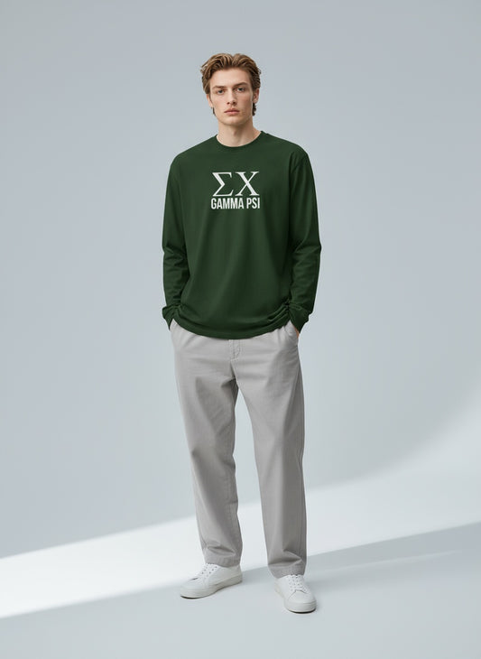 Model wearing the Sigma Chi GAMMA PSI Long Sleeve Tee in a full body view