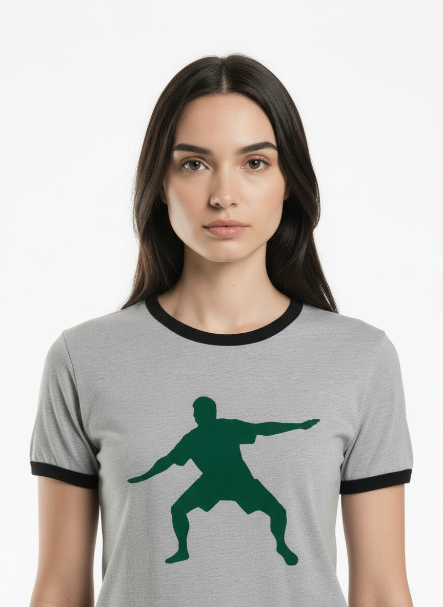 Close-up of the model wearing Frostman men's Vintage Ringer T-Shirt