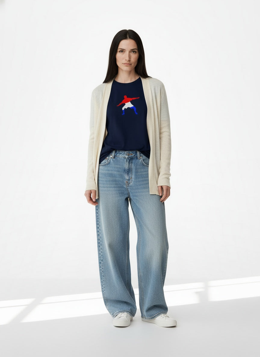 Full body view of the model wearing Women's Frostman RWB 100% Certified Organic Cotton ring-spun jersey