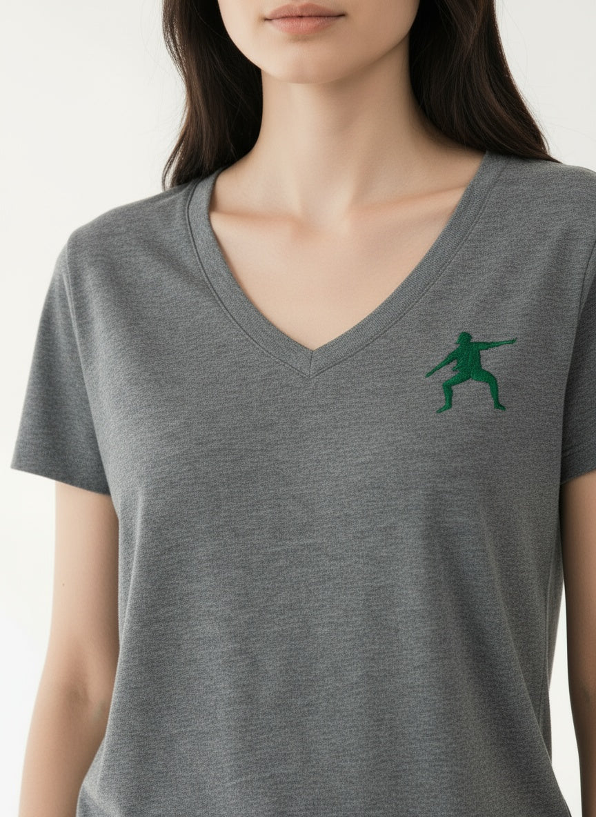 Close-up of the model wearing Team Frosty- Women’s Triblend Deep V-Neck Tee