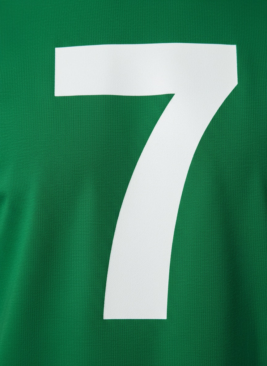 Detail shot of "7" DryBlend T-Shirt- Kelly Green