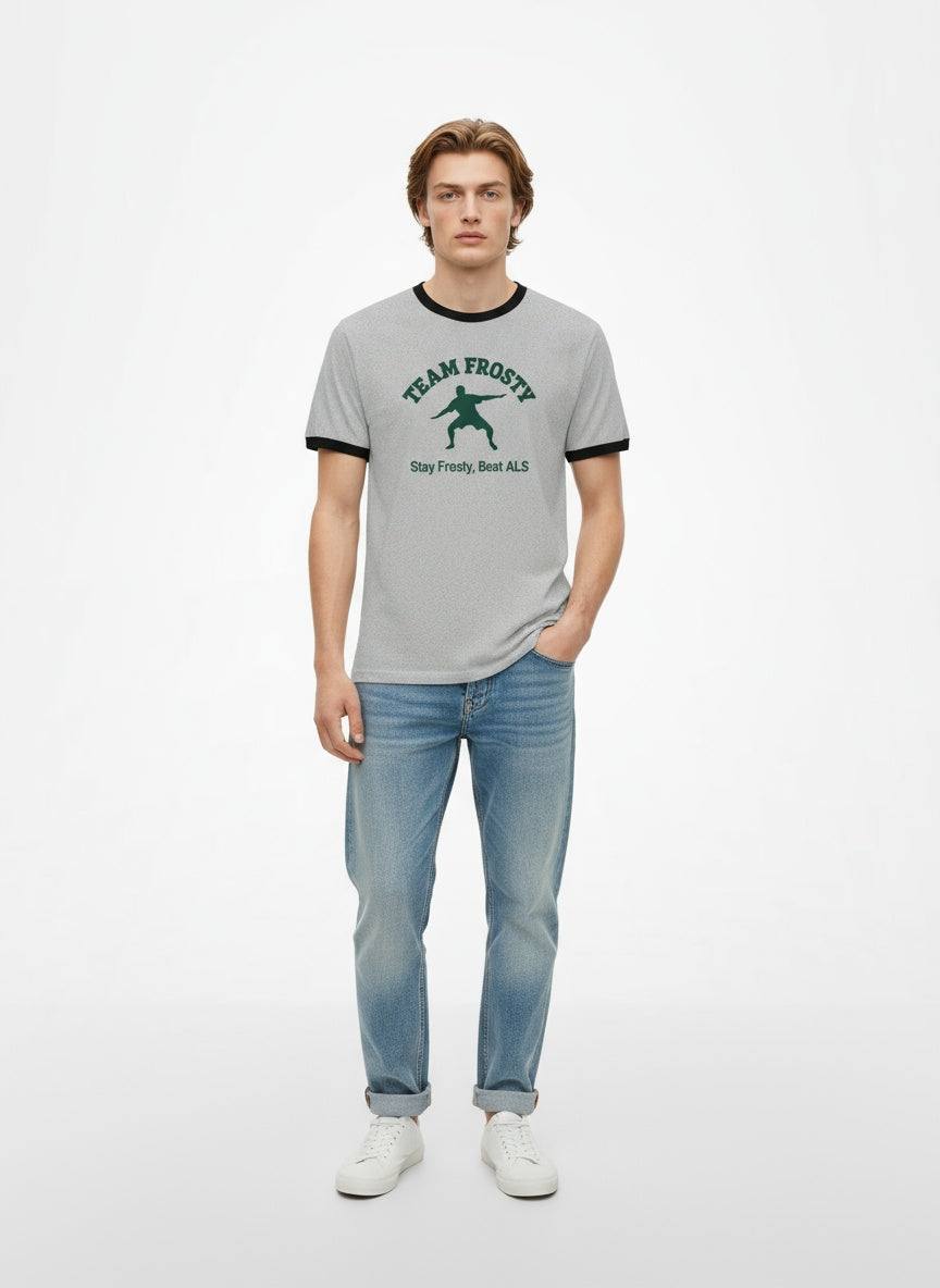 Full body view of the model wearing Vintage Ringer T-Shirt_ grey "Stay Frosty, Beat ALS"