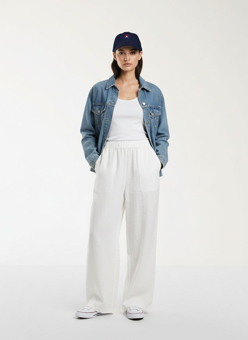 Full body view of the model wearing Frostman dad hat- Navy