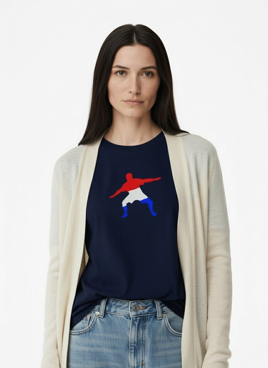 Close-up of the model wearing Women's Frostman RWB 100% Certified Organic Cotton ring-spun jersey