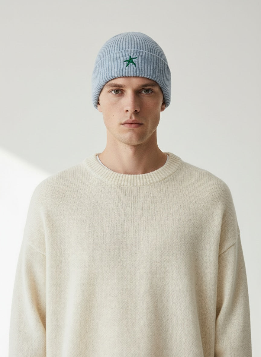 Close-up of the model wearing Sustainable Fine Rib Knit Beanie