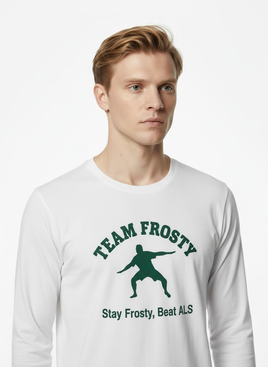 Close-up of the model wearing Team Frosty Long Sleeve T-Shirt