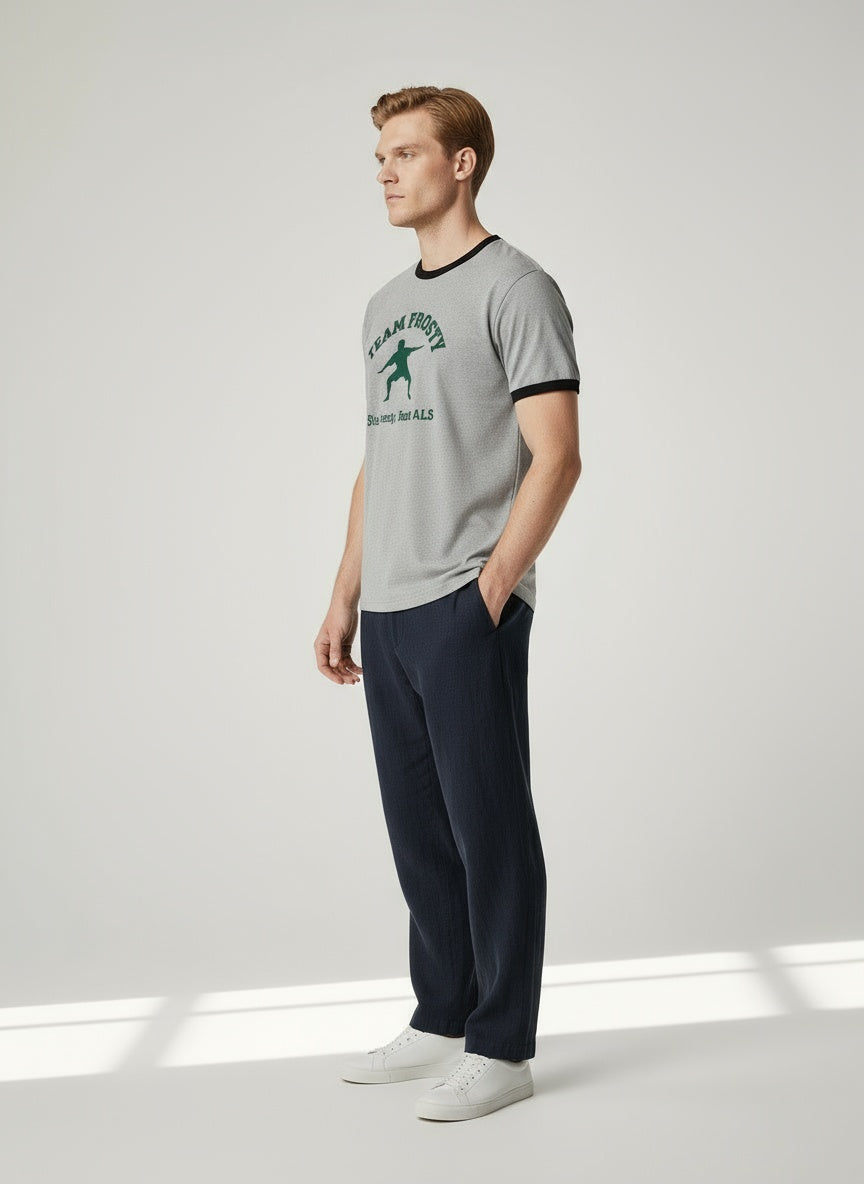 Model wearing Vintage Ringer T-Shirt_ grey "Stay Frosty, Beat ALS"