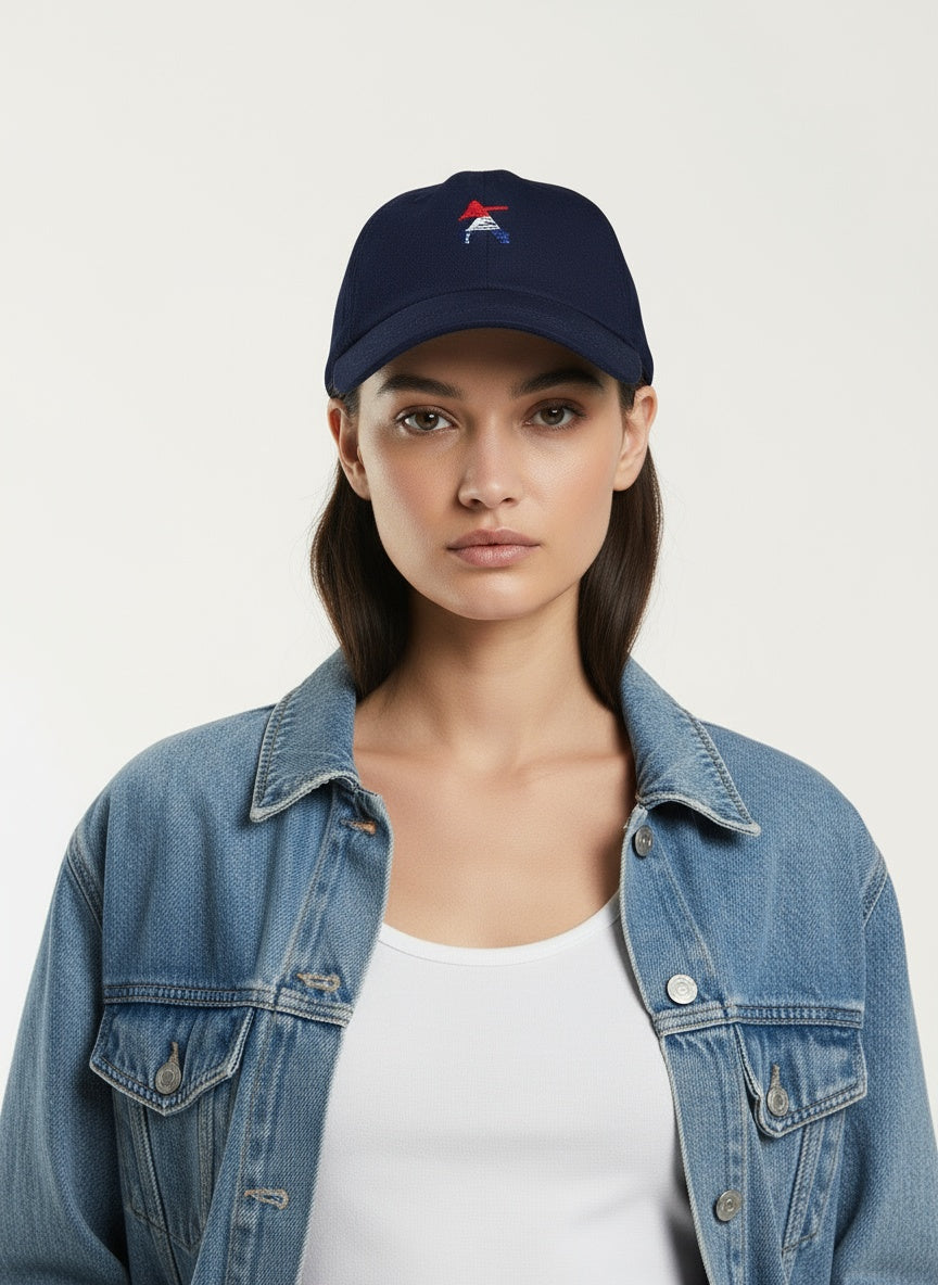 Close-up of the model wearing Frostman dad hat- Navy