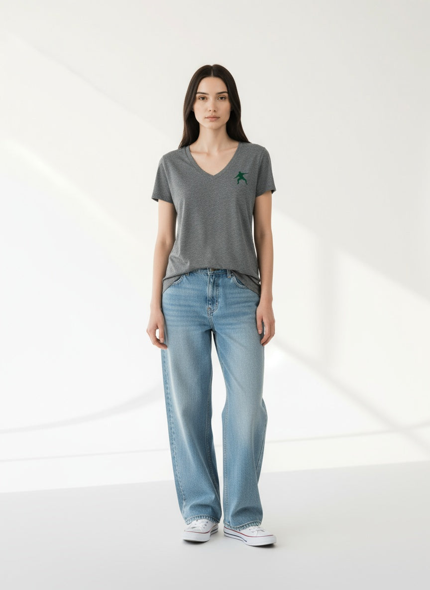 Full body view of the model wearing Team Frosty- Women’s Triblend Deep V-Neck Tee