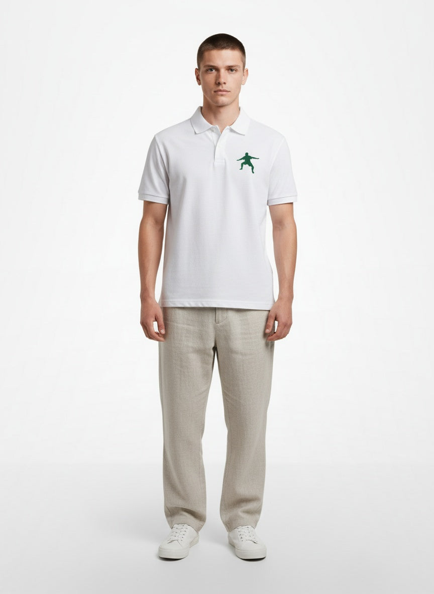 Full body view of the model wearing Adidas Performance Polo- white with green logo