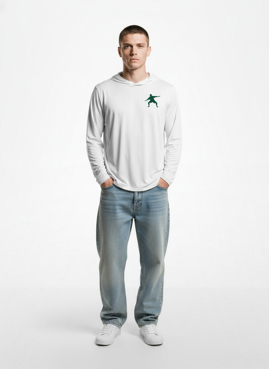 Full body view of the model wearing Frostman Bahama Hooded LS Tee