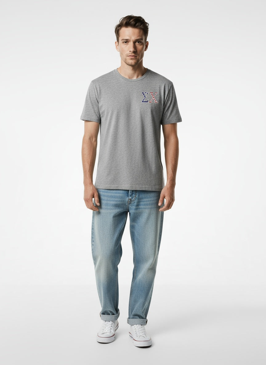 Full body view of the model wearing Sigma Chi Patriotic t-shirt