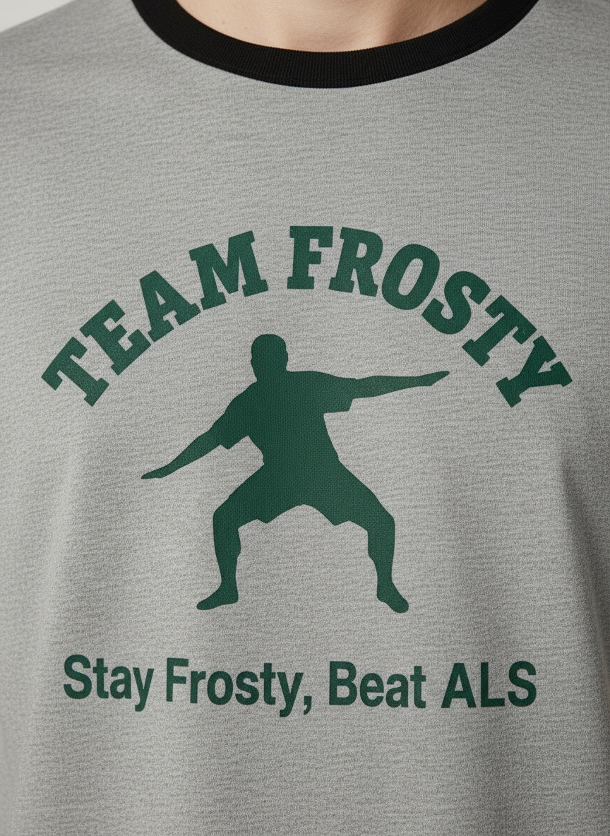 Detail shot of Vintage Ringer T-Shirt_ grey "Stay Frosty, Beat ALS"