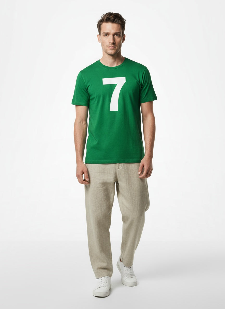 Full body view of the model wearing "7" DryBlend T-Shirt- Kelly Green