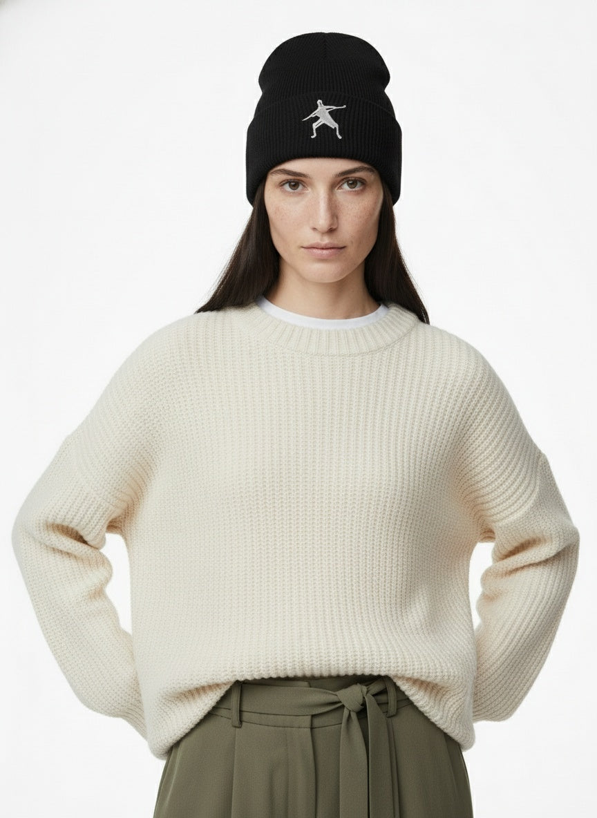Close-up of the model wearing Team Frosty- USA-Made Cuffed Beanie