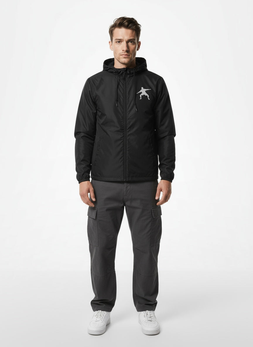 Full body view of the model wearing Water Resistant Lightweight Windbreaker- Black