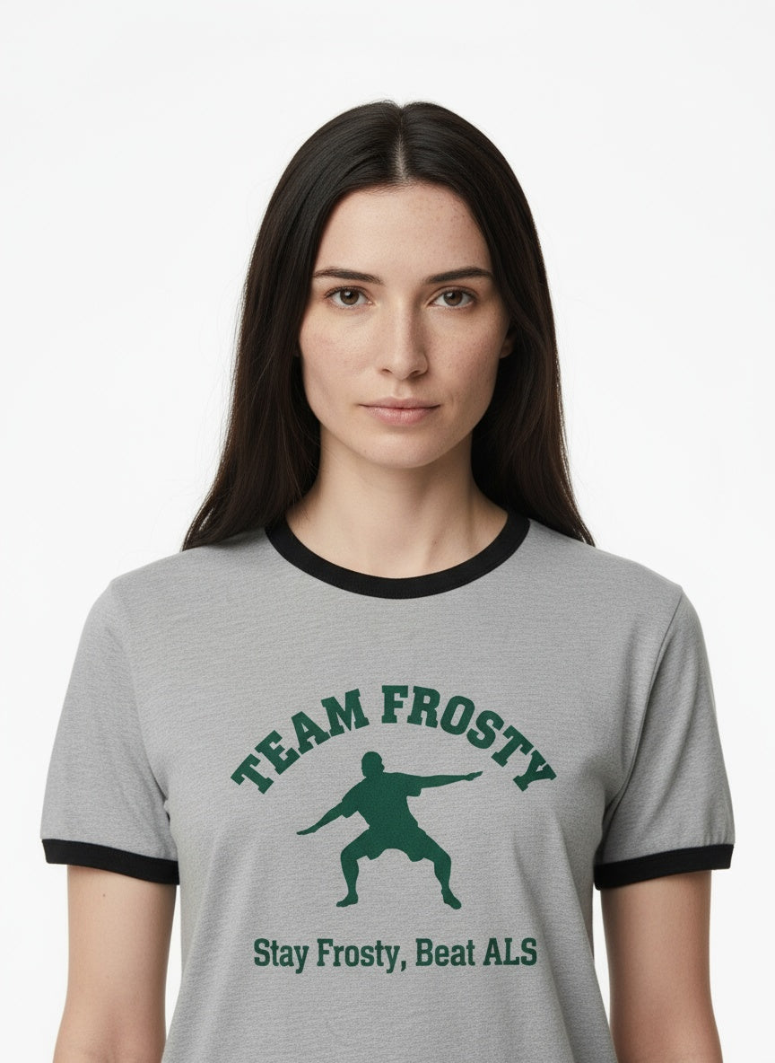 Close-up of the model wearing Vintage Ringer T-Shirt_ grey "Stay Frosty, Beat ALS"