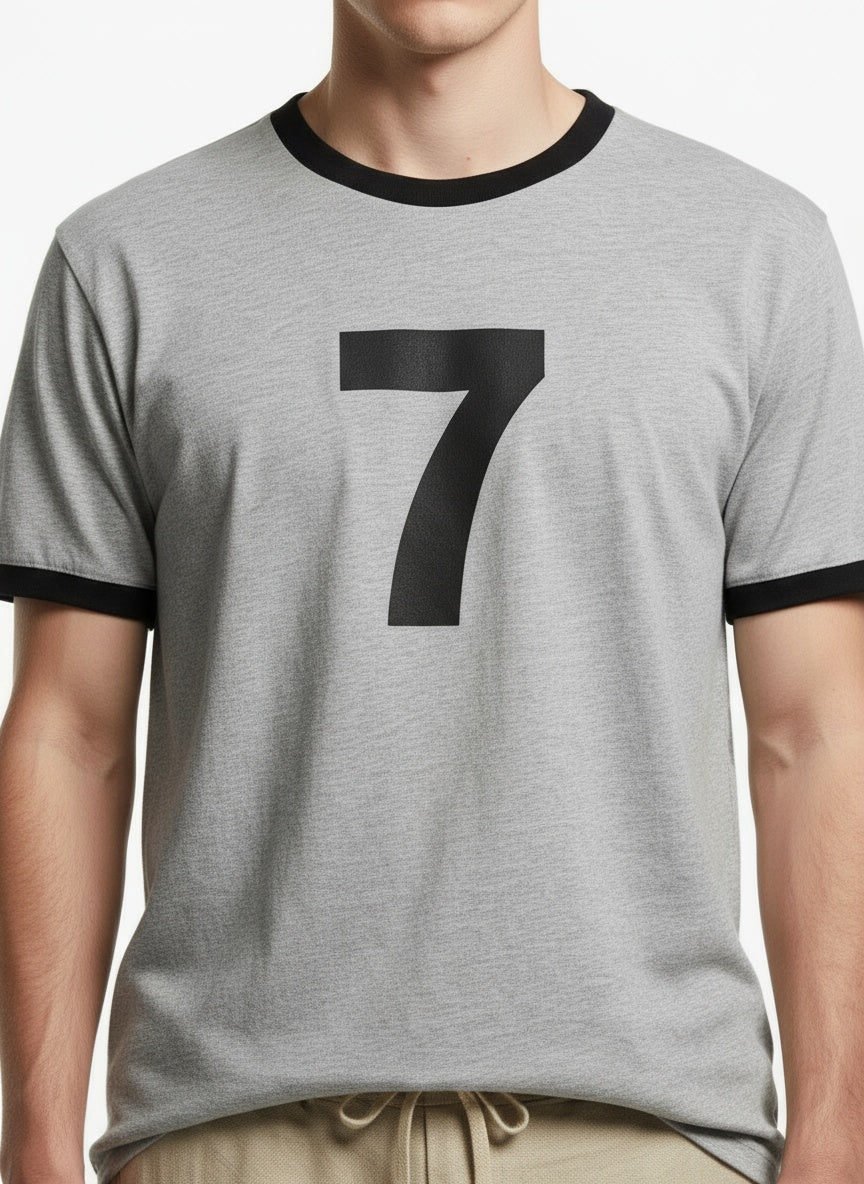 Close-up of the model wearing Frostman men's Vintage Ringer T-Shirt