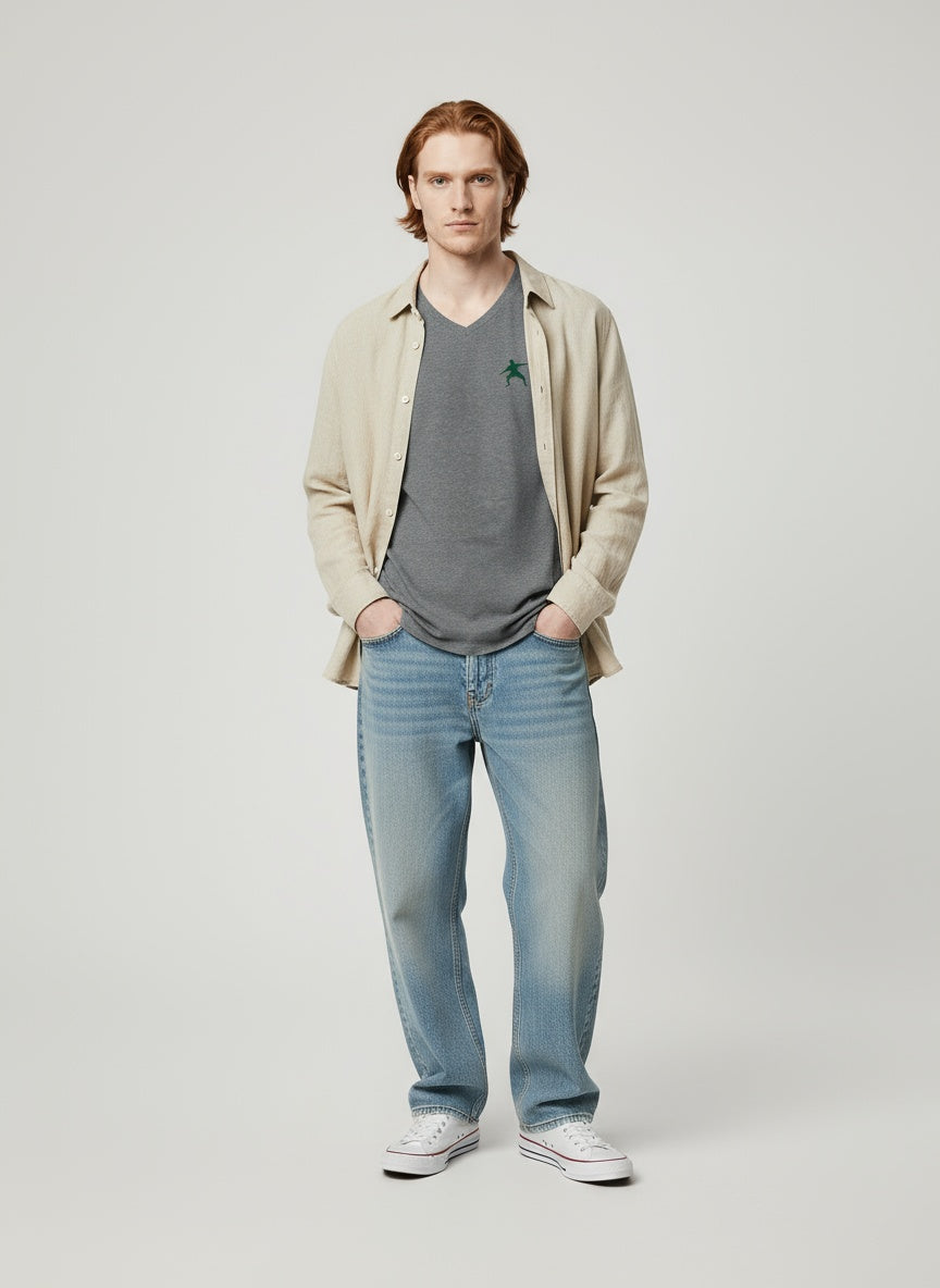 Full body view of the model wearing Team Frosty- Women’s Triblend Deep V-Neck Tee