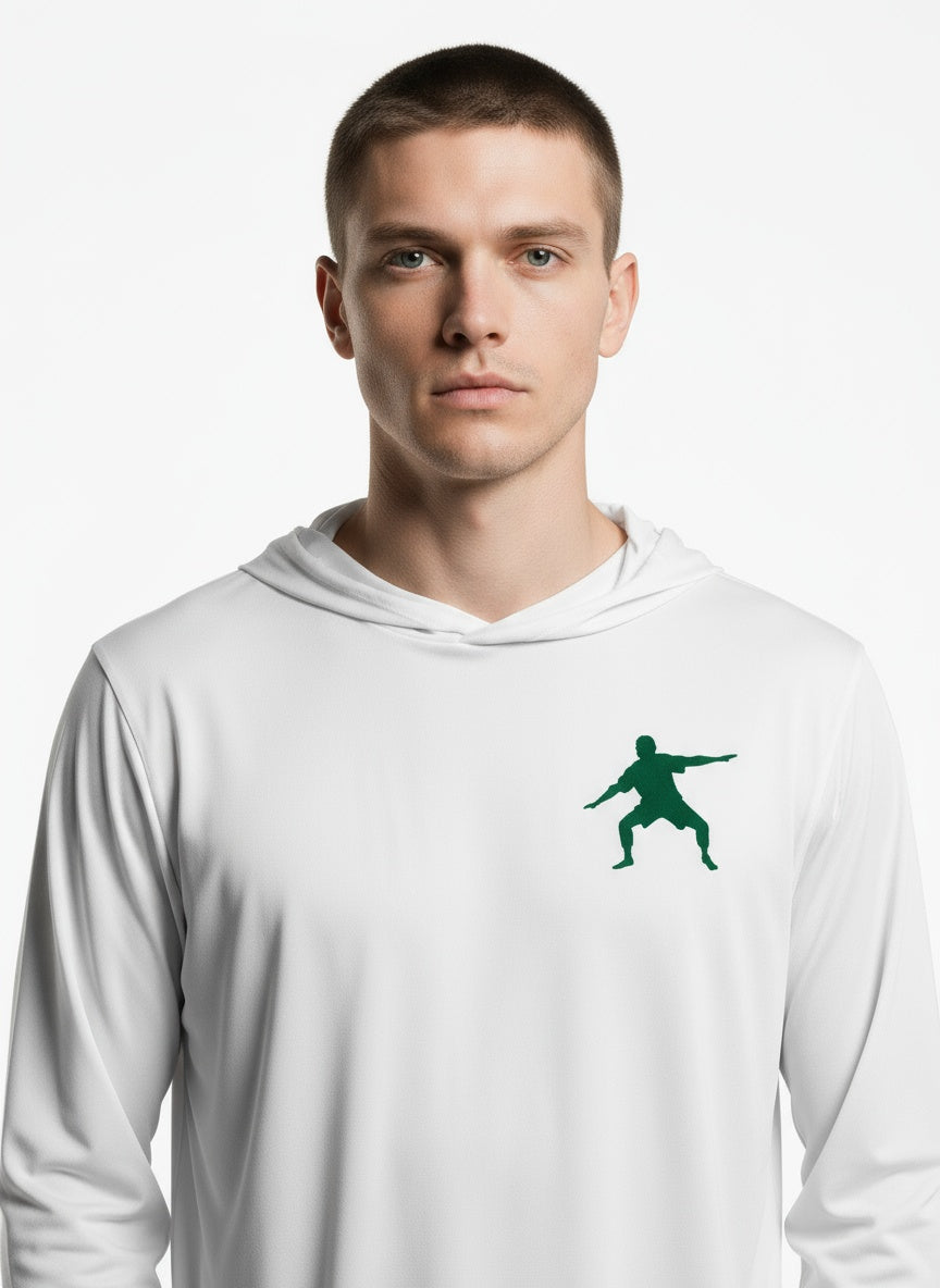 Close-up of the model wearing Frostman Bahama Hooded LS Tee