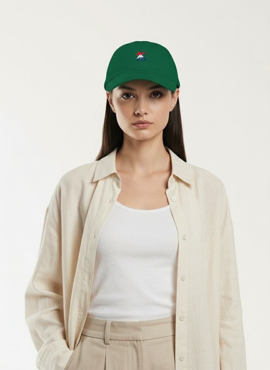 Close-up of the model wearing Frostman dad hat- Green