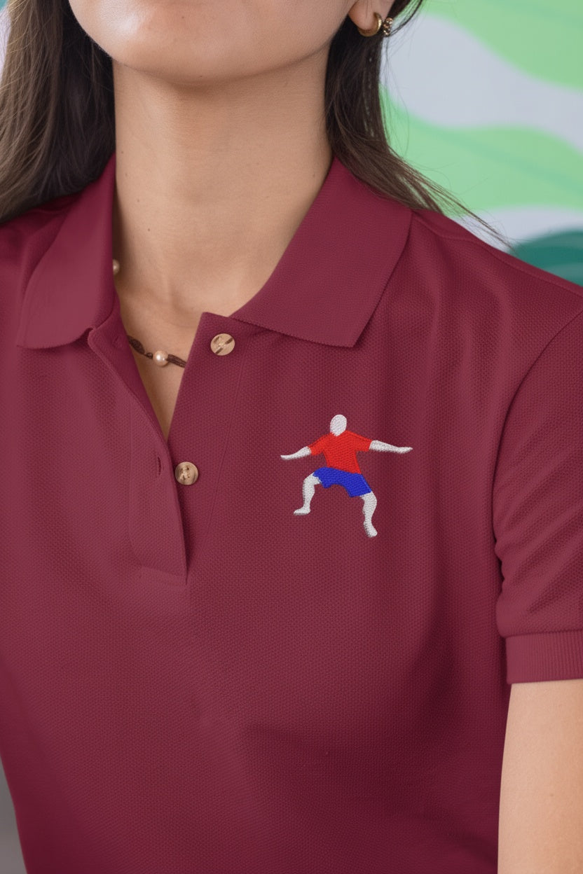 Detail shot of Adidas Performance Polo- Maroon white arms logo