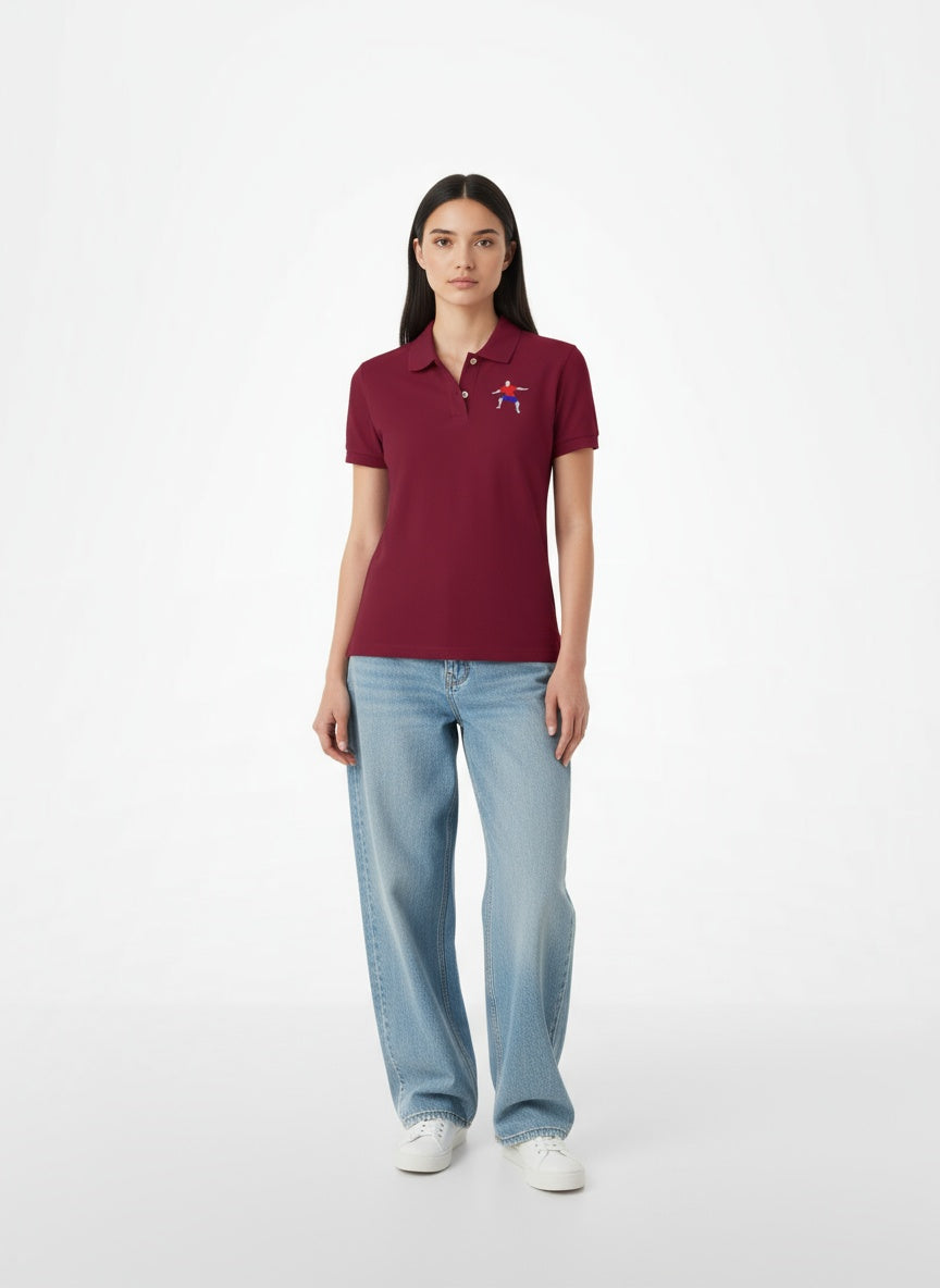 Full body view of the model wearing Adidas Performance Polo- Maroon white arms logo
