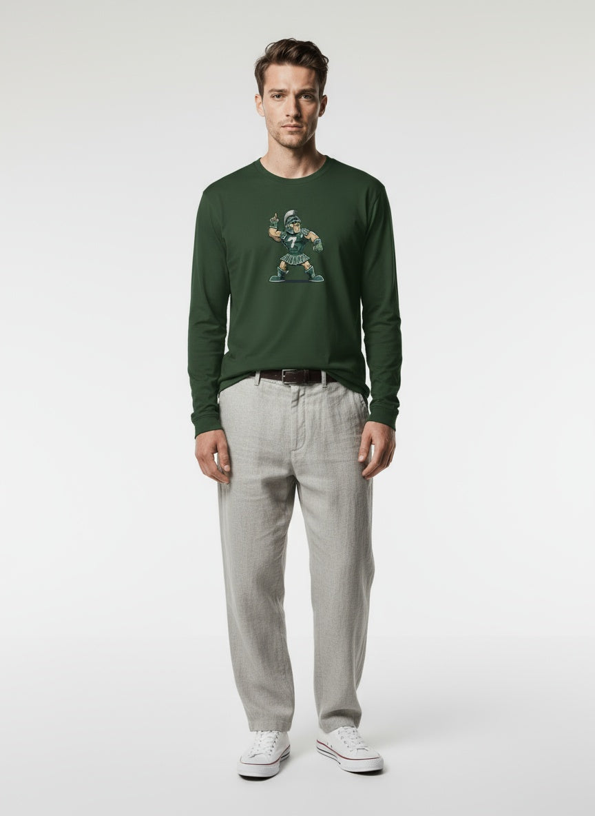 Full body view of the model wearing Sigma Chi Sparty 7 LS Tee