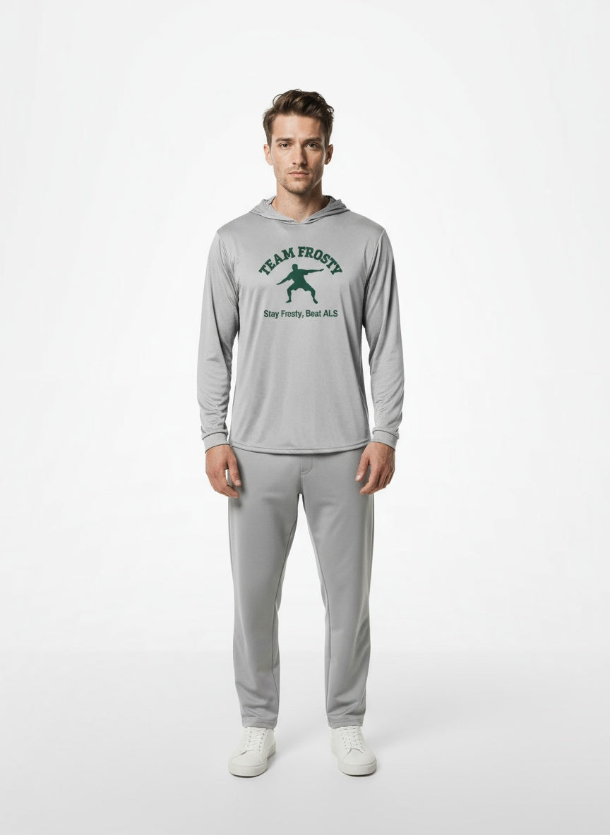 Full body view of the model wearing Team Frosty Hooded LS Tee