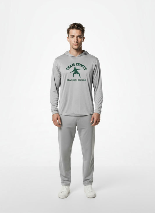 Full body view of the model wearing Team Frosty Hooded LS Tee