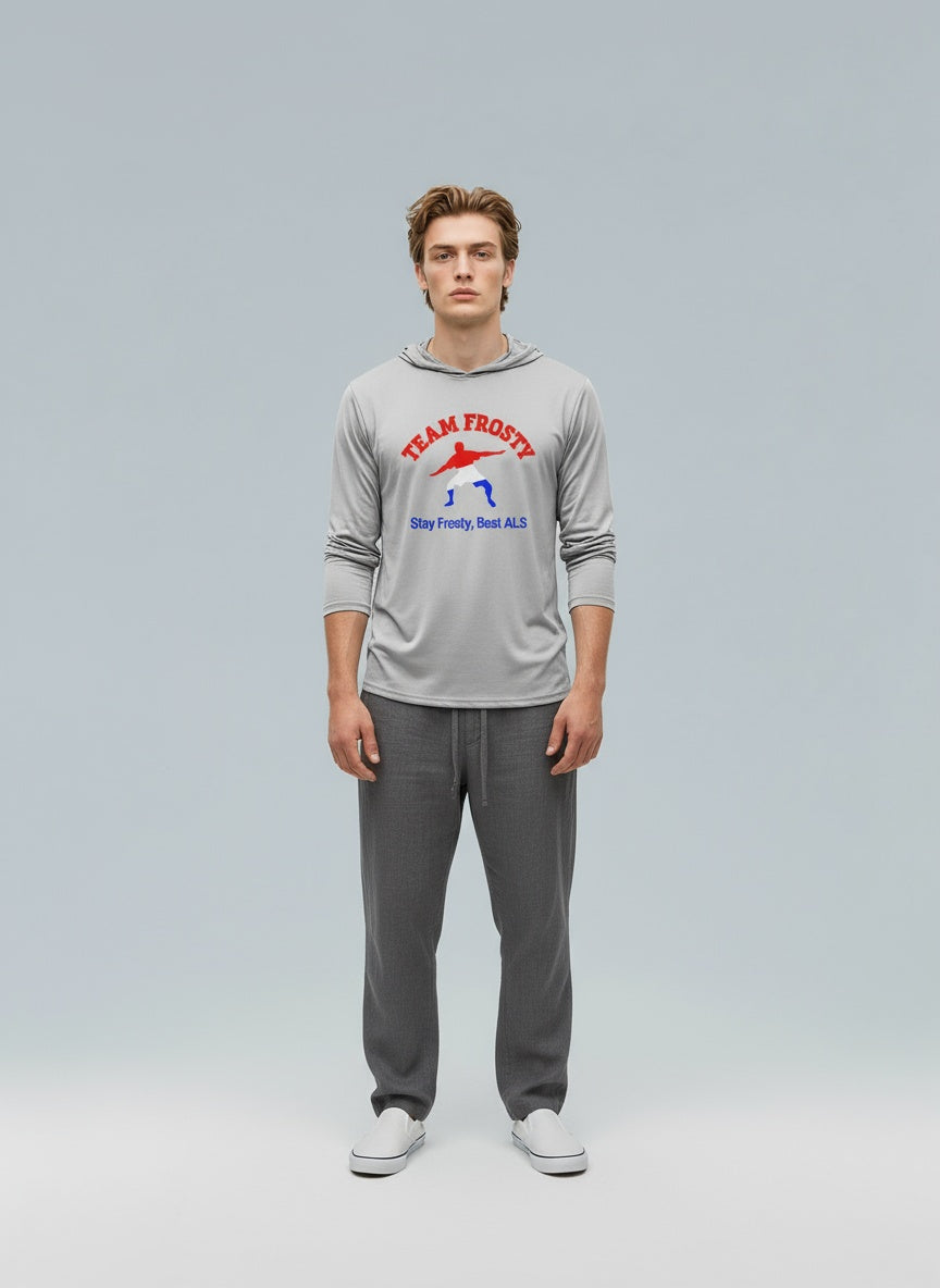 Full body view of the model wearing Frostman w/USA on back Bahama Hooded LS Tee