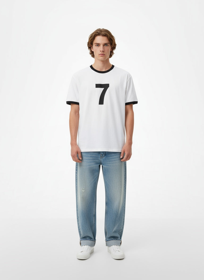 Full body view of the model wearing Frostman Vintage Ringer T-Shirt