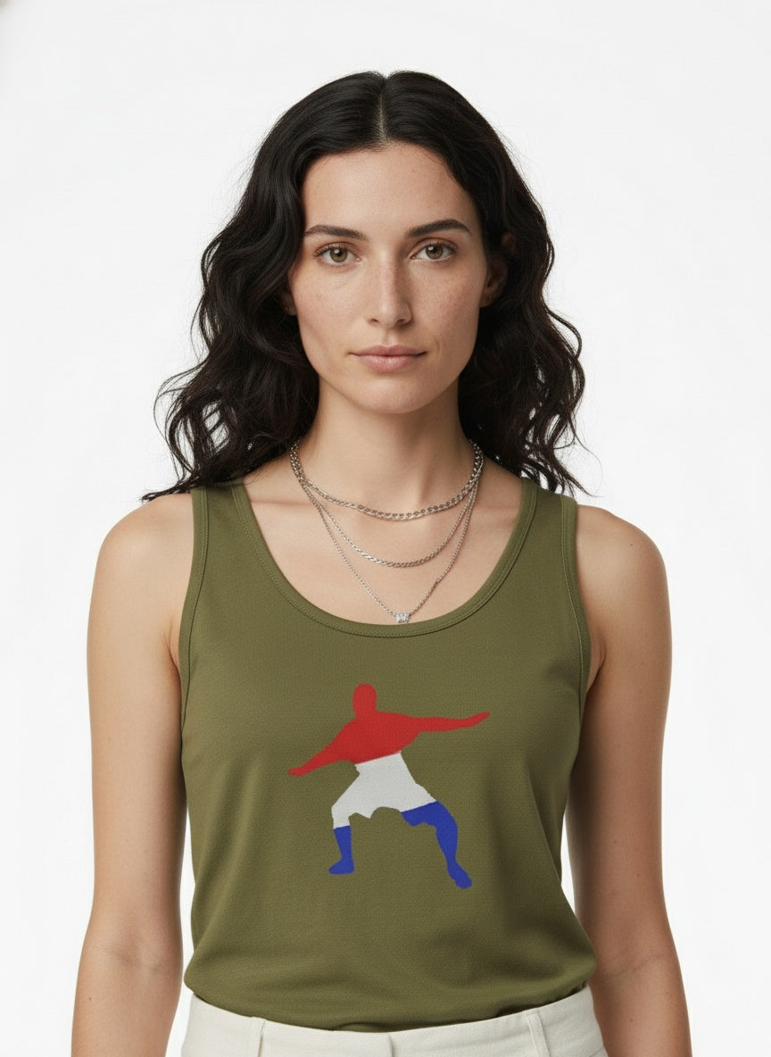 Close-up of the model wearing Women's Frostman Racerman Cropped Tank