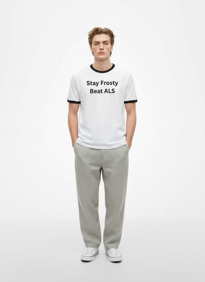 Full body view of the model wearing Stay Frosty Beat ALS Ringer T-Shirt