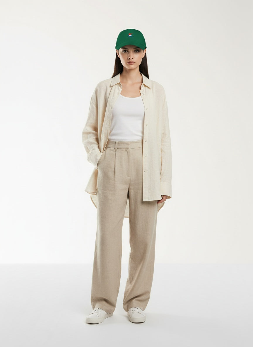 Full body view of the model wearing Frostman dad hat- Green