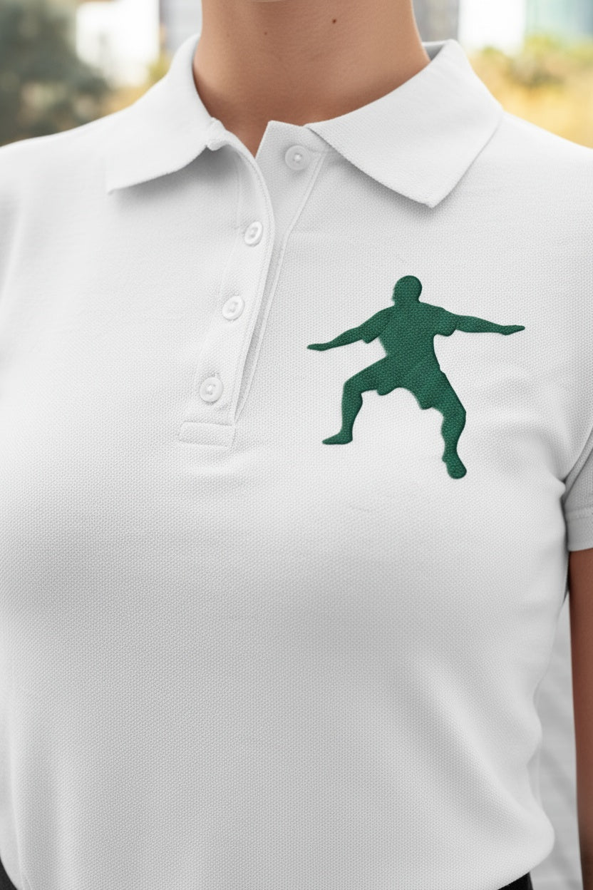 Detail shot of Adidas Performance Polo- white with green logo