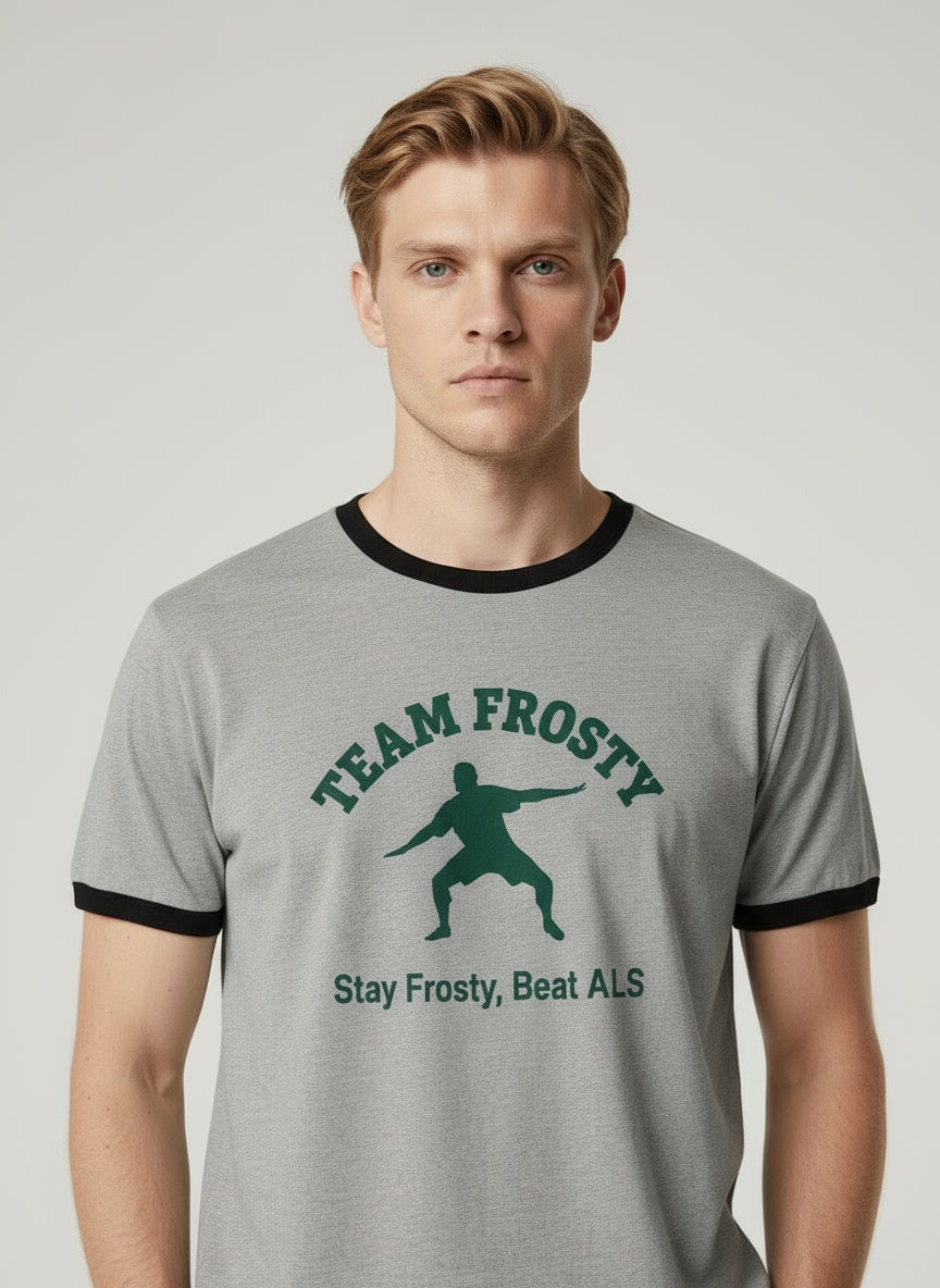 Close-up of the model wearing Vintage Ringer T-Shirt_ grey "Stay Frosty, Beat ALS"