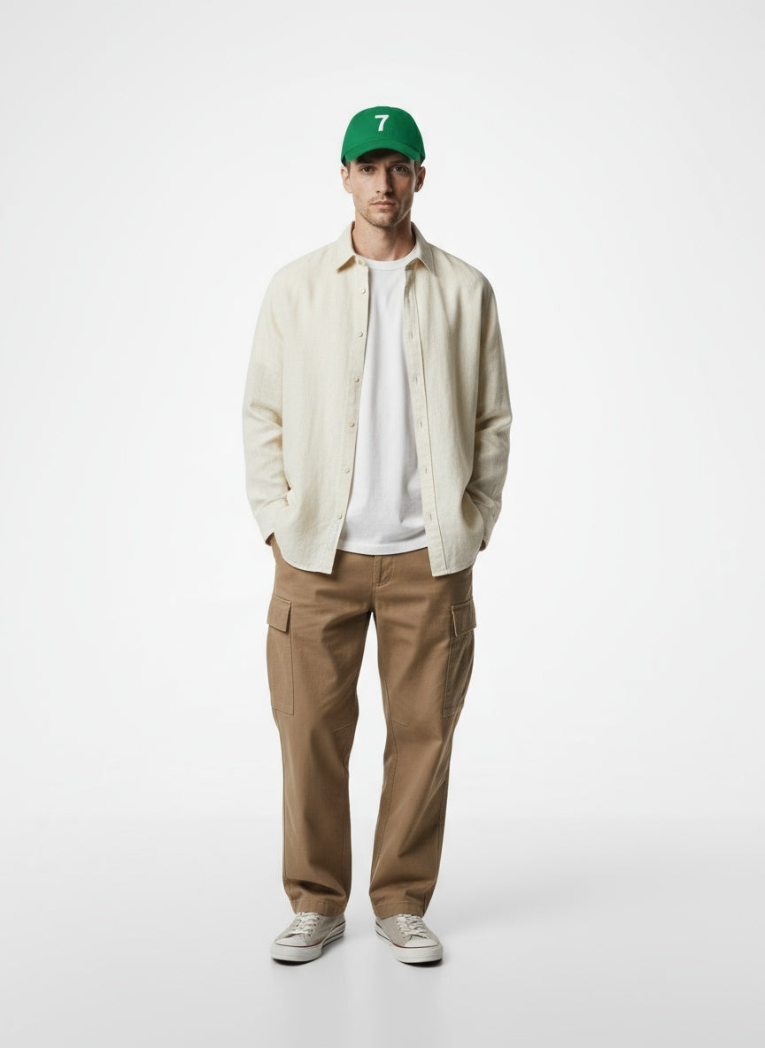 Full body view of the model wearing '47 "7" Clean Up Dad Hat, with White 7
